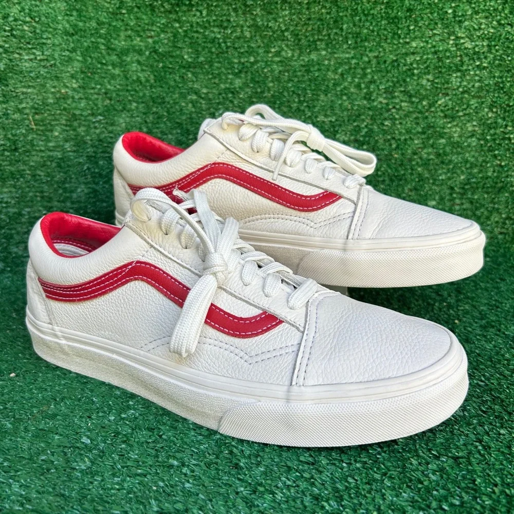 Vans Old Skool White Tumbled Leather Red Stripe Low Top Sneakers 507452 Mens 8